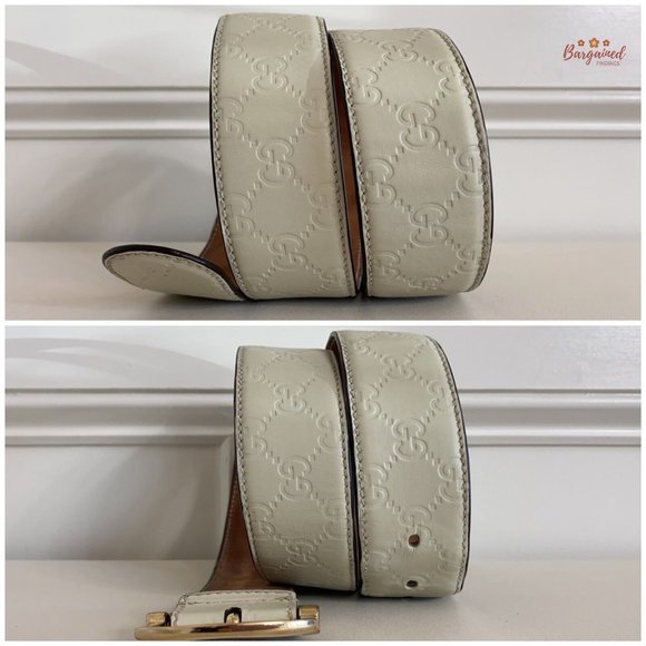 Authentic Gucci Cream GG Embossed Signature Leather Gold Pin Buckle Belt 90/36 - Picture 8 of 13